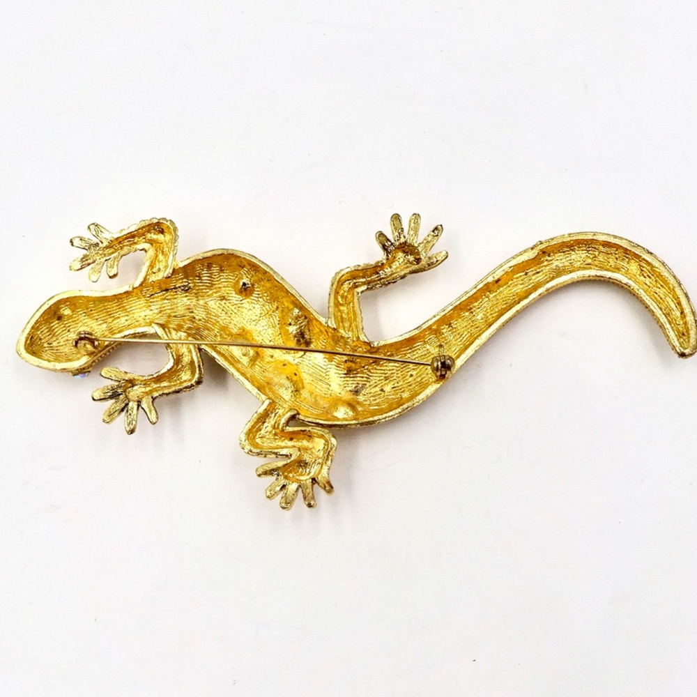 RHINESTONE LIZARD PIN BROOCH Gold Tone Salamander Gecko - Picture 8 of 8